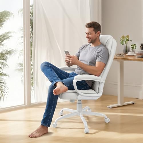 Executive Office Chair, High Back Ergonomic Desk Chair with Lumbar Support, Adjustable Big and Tall Computer Chair, 360° Swivel, PU Leather, White