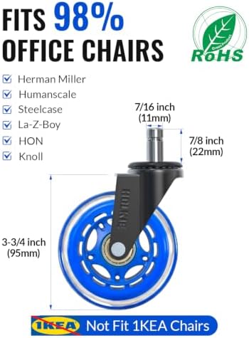 HOLKIE Gaming Chair Wheels Blue Roller Blade Rubber Caster 3 Inch Set of 5 for Carpet Hardwood Floors