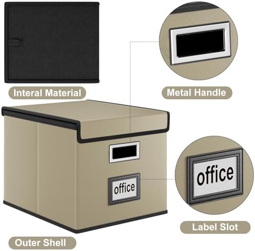 Foldable File Organizer Box with Lids (2 Pack, Khaki, Leather)