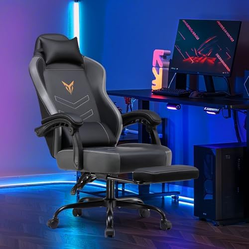 GTPLAYER Gaming Chair with Footrest, Ergonomic Office Chair 300lbs Capacity, Computer Desk Chair with Headrest and Lumbar Support, Linkage Armrests, 90-155° Recline, PU Leather Grey