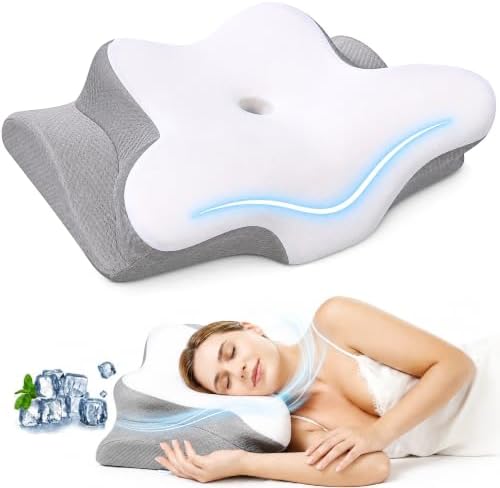 Cervical Neck Pillow for Pain Relief, Memory Foam Contoured Orthopedic Pillow for Sleeping, Dual Height 5.5/3.7 Neck Shoulder Arm Support – Ergonomic Cooling Pillow Side Back Stomach Sleepers