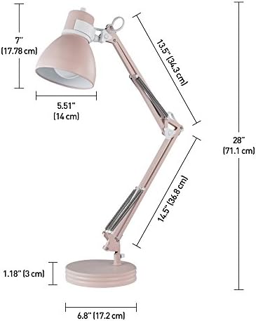 Globe Electric 52028 28" Swing Arm Architect Desk Lamp, Matte Rose Finish, White Accents, Rotary Switch on Shade, Partially Adjustable Arm, Modern Lighting for Bedroom or Office, E26 Base