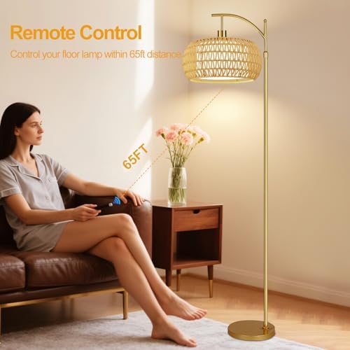 ZECOXOL Gold Floor Lamps for Living Room Rattan Boho Floor Lamp with Remote Control & 3 Color Temperature,Dimmable Arc Floor Lamps Brass Standing Lamp Tall Floor Lamp for Bedroom Living Room Corner
