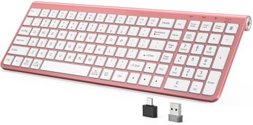 JOYACCESS Pink Wireless Keyboard,USB & Type C 2-in-1 Receiver, Full-Sized Ergonomic Computer Keyboard with Cover,Compatible with Windows/Mac/PC/Laptop