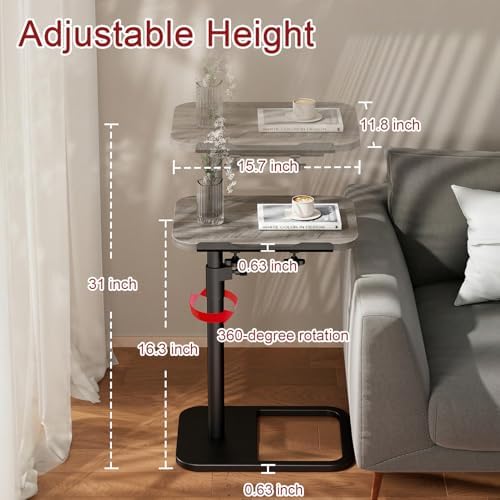 Height Adjustable Tv Trays Table for Sofa, Modern Angle Adjustable 360° Swivel and 180° Tilt Flip-Over Panel C Shaped Side Tables with Tablet Slots for Phone Computer (Grey)