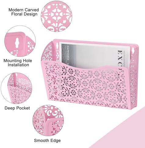 EasyPAG 3 Single Wall Mount File Organizer Vertical Metal Wall Pocket File Holder for Office, Home, School, Pink