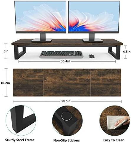 YAOHUOO Dual Monitor Stand Riser, 39Inch Large Monitor Stands for 2 Monitors, Computer Monitor Stand, Wooden Desktop Oraganizer Shelf for Office Desk Computer,Laptop,TV
