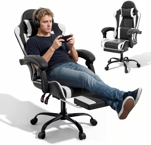 MoNiBloom Gaming Chair, Footrest & Lumbar Support, Height Adjust, White