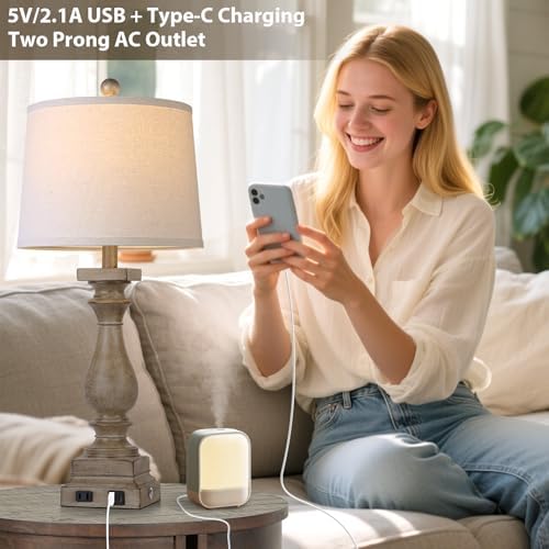 28" Tall Farmhouse Table Lamps Set of 2 with USB C+A Ports and AC Outlet, 3 Way Touch Control Rustic Bedside Lamp for Bedroom, Brown Vintage Nightstand Lamp for Living Room Office