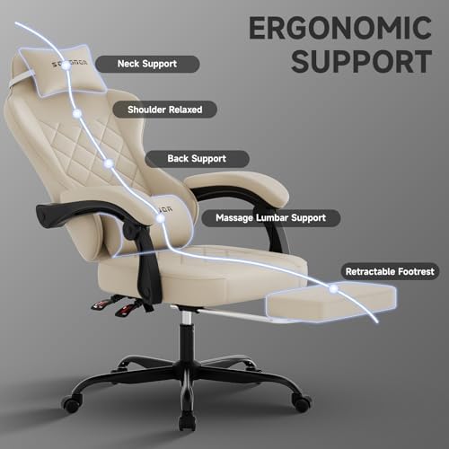 Gaming Chair with Footrest, Ergonomic Leather Computer Chair with Lumbar Support, Height Adjustable High Back Swivel Office Chair for Adults, Gamer Chair for Gaming, Working,Beige