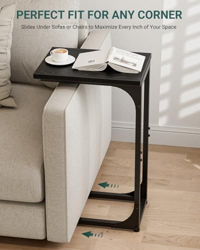 C-Shaped Side Table for Couch - Small Coffee Stand Sofa Tray Desk with Metal Frame and Waterproof Scratch Resistant, Modern End Accent for Living Room, Bedroom, Small Spaces, Black