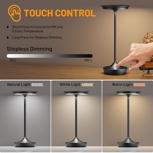 LED Rechargeable Cordless Outdoor 6000mAh Battery Table Lamp 2-Pack Black