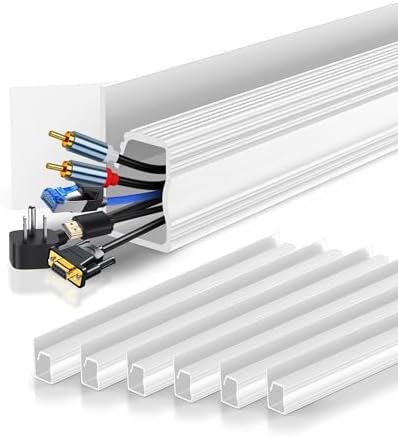 6 Pack Cable Management Under Desk, Open J Channel Raceway, Cord Organizer Tray for Desk, No-Drill Cable Hider for Desk & Wall, Wire Management Kit, Flame-Retardant PVC, 94.5" Total, White