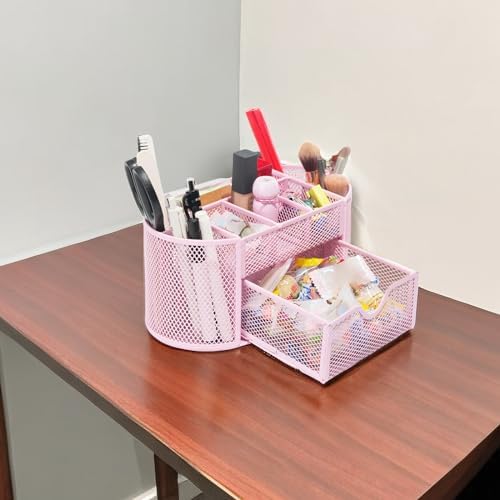 Newkita Desktop Organizer with Pencil Pen Holder and Accessories Offering 8 Compartments and 1 Drawer for Home, School and Office. (Cherry Blossom Pink)