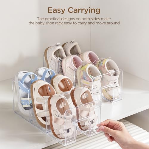 HBlife Widened 4.17 Inch Clear Acrylic Kids Shoe Rack for Closet Organizers and Storage, Small Shoe Rack 3 Sections Toddler Baby Shoe Storage Organizer Shelf, Desk File Book Purse Organizer(2 Pack)