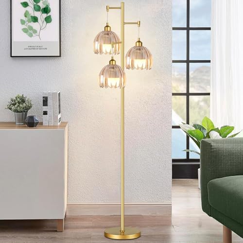 Gold Floor Lamps for Living Room Vintage Floor Lamp with Glass Lmapshape & Three Led Bulb,Green Floor Lamp Brass Mid Century Modern Standing Lamp Tall Tree Flower Floor Lamps for Bedroom,Office,Corner
