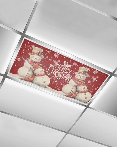 Snowman Red Magnetic Fluorescent Light Covers for Ceiling Lights 2 x 4 Feet,Vintage Christmas Snowflakes Watercolor Office Classroom Kitchen Drop Ceiling Light Covers Filters Shade Panel 1 Pack