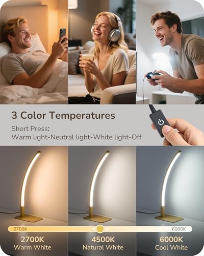 EDISHINE Curved LED Table Lamps for Living Room, Modern Bedside Lamp, Gold
