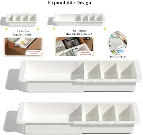YOOUSOO Expandable Drawer Organizer, 2 PCS Adjustable Drawer Organizer Trays, Drawer Dividers Organizers and Storage For Office Supplies, Pens, Makeup,Utensils, Tools, Flatware and Junks, White