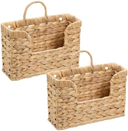 Set of 2 Water Hyacinth Hanging Baskets with Handle, Wall Baskets Storage, Wall Mounted Organizer, Magazine Holder Magazine Basket, Farmhouse Baskets for Flowers/Magazine/Fruit Storage