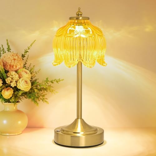 Cordless Table Lamp, Rechargeable Honey Gold Glass Lotus Flower Lamp