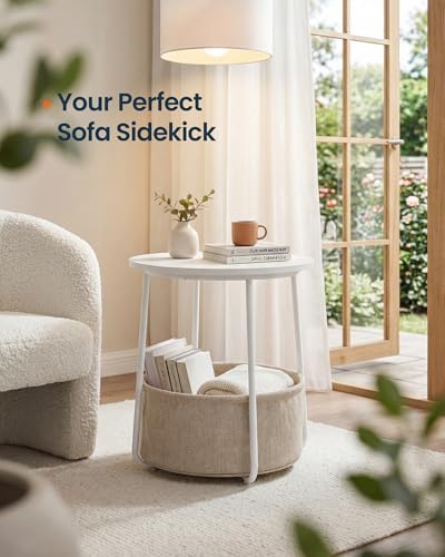 SONGMICS HOME Small Side Tables, Round End Tables, 2 Tier Nightstands with Basket, U Shaped Steel Legs, Easy Assembly, for Living Room, Bedroom, Set of 2, White and Brown
