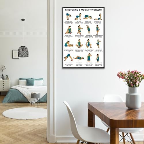 Stretching & Mobility Workout Poster, 16 Illustrated Full-Body Flexibility Chart with Hold Timing Guides, Bodyweight Daily Stretch Reference for Post-Workout Recovery & Joint Mobility Improvement(24x36inchs，Black Framed)