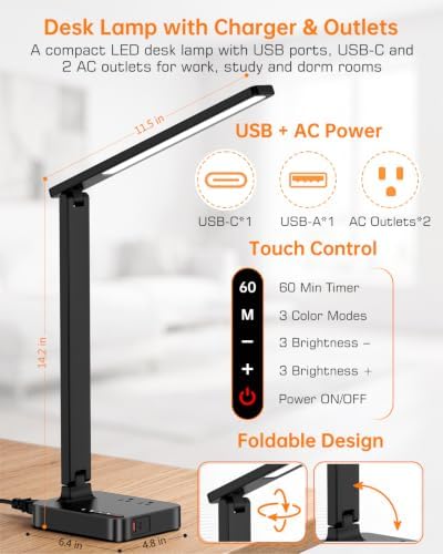 LED Desk Lamp with USB Charging Port for Dorm Office, 800lm, CRI 92, Black