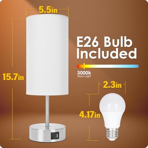 Yarra-Decor Bedside Lamp with USB A+C Charging Ports & AC Outlet Touch Control Table Lamp for Bedroom 3 Way Dimmable Nightstand Lamp with Round Shade for Home Office, Dorm(Bulb Included)