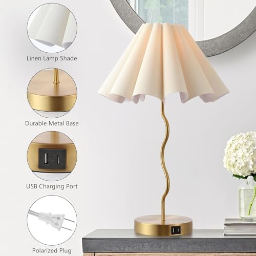 EOEYYOYB Pleated Table Lamp, Set of 2 Table Lamps for Bedroom, Bedside Lamps for Nightstand with Linen Lampshade, Modern Lamp for Bedroom Home Office Decor, Gold