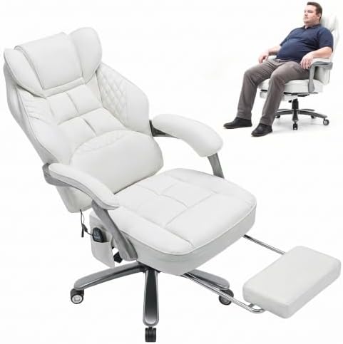Big and Tall Massage & Heat Office Chair, Ergonomic Gaming Chair, White