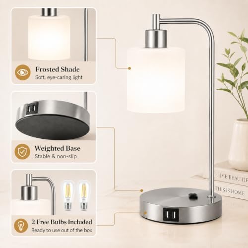 Set of 2 Industrial Touch Control Table Lamps with 2 USB Ports and AC Outlet - 3-Way Dimmable Nickel Bedside Lamp Nightstand Desk Lamps for Bedroom Living Room, Opal Glass Shade & 2 LED Bulbs Included