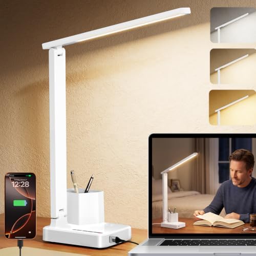 cozoo LED Desk Lamp USB A/C AC Pen Holder Dorm Home Office Desk Light White