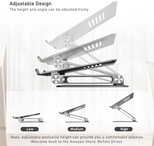 BoYata Laptop Stand, Adjustable Metal Desktop Riser, Up to 15 Inches, Gray