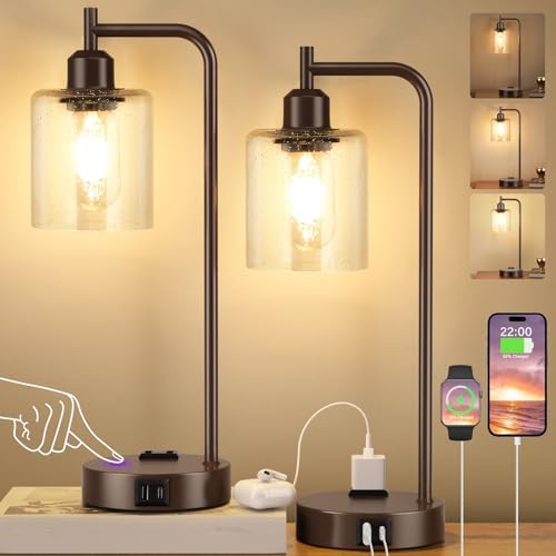 Innqoo Industrial Touch Table Lamps - 3-Way Dimmable Desk Lamps Set of 2 with USB C+A Ports and Outlet, Brown Bedside Lamps with Clear Glass Shade for Living & Bedrooms