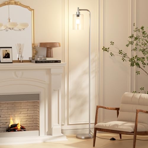 Ziisee Floor Lamps for Living Room - Industrial Standing Lamp with Glass Shade, Modern Floor Lamp with LED Bulbs, Tall Lamp for Bedroom Office - Brushed Nickel