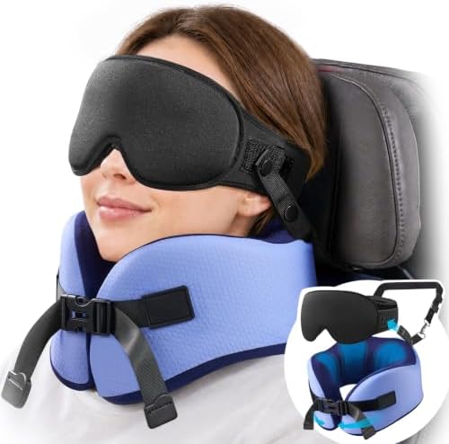 YFONG Travel Pillow with 3D Sleep Mask for Long Flights Airplane, Blue