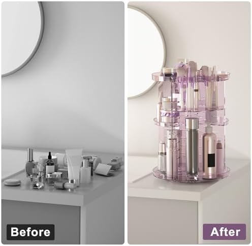 Rotating Makeup Organizer, DIY 8 Adjustable Layers Spinning Skincare Storage, Cosmetic Display Case with Brush Holder and Perfume Tray, Multi-Function Vanity Bathroom Countertop Organizer Clear Purple