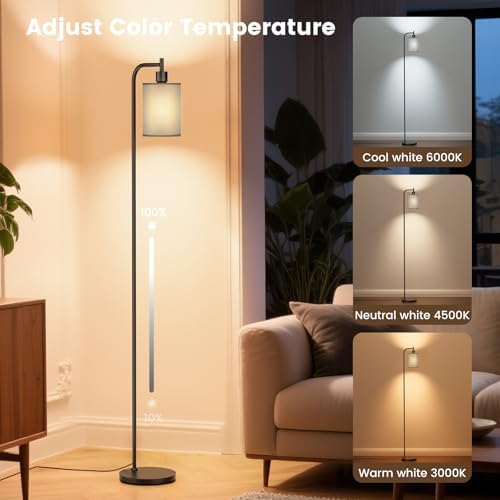 SIBRILLE Floor Lamp with Linen Shade, Dimmable Tall Standing Lamp with Remote Control & 3 Color Temperatures, Modern Floor Lamps for Living Room Bedroom Office Corner, 9W LED Bulb Included