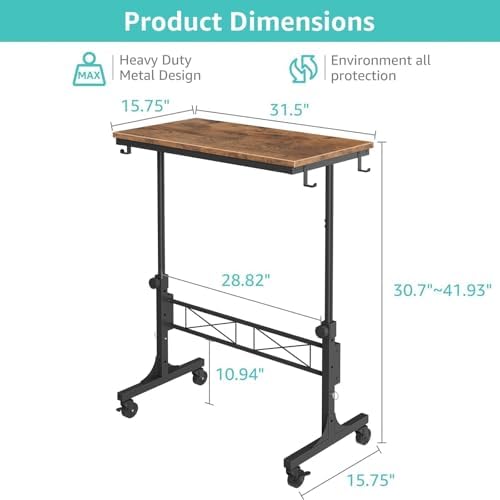 Small Portable Rolling Standing Desk - 32 Inch Adjustable Height Mobile Stand Up Desks with Wheels for Treadmill Walking Pad, Teacher Podium for Classroom, Couch Sofa Side Laptop Table, Rustic Brown