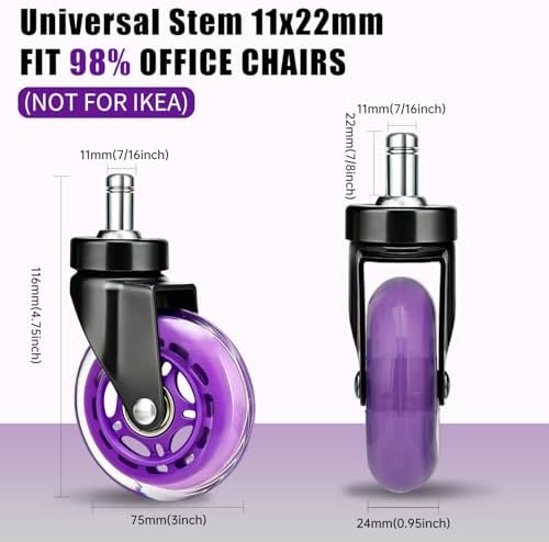 8T8 3" Office Chair Wheels (As Seen On PRC) Replacement Heavy Duty, Universal Rubber Chair Casters Fit 98% Chair, Quiet Smooth Rolling for Hardwood Floor Carpet Mats (Purple)
