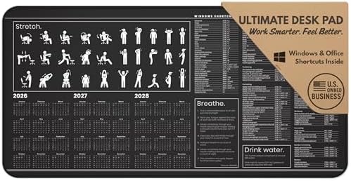 Productivity Desk Mat for Windows – Keyboard Shortcuts, Wellness Guide & 3-Year Calendar | XL Office Mouse Pad for Excel, Word & System Commands | Ergonomic Workspace Mat