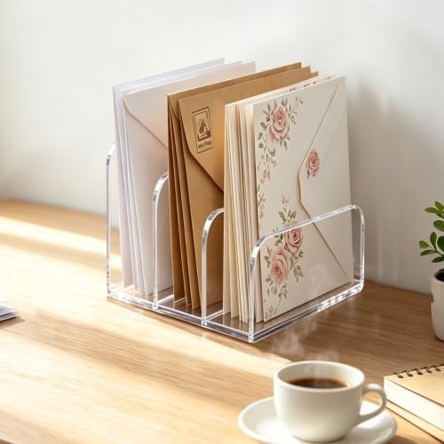 Clear Acrylic Mail Organizer for Desk, 3-Compartment Vertical Letter Sorter and Desktop File Holder for Bills, Envelopes, Documents, Folders, Notebooks, Home Office Countertop