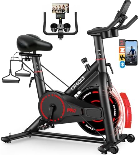 CHAOKE Exercise Bike, Quiet Adjustable Magnetic Stationary Bike for Home Cardio with App Compatible, 350LB Weight Capacity Indoor Cycling Bike with Comfortable Seat, Digital Display for Home Fitness