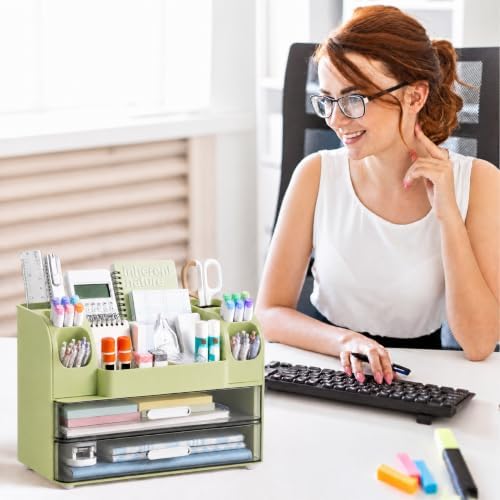 HBlife Desk Organizer with Pencil Pen Holder for Desk, Pen Organizer with 2 Drawers, Desk Organizers and Accessories with Compartments, Desktop Storage for Office, Home, School, Art Supplies, Green