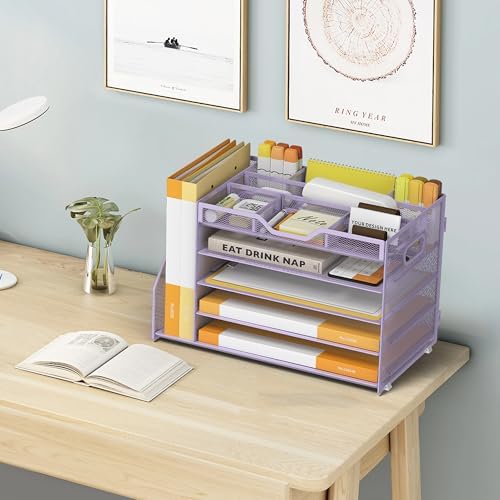 5 Tier Paper Letter Tray Desk Organizer with Pen Holders - Purple