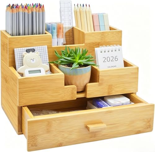 Bamboo Desk Organizer - Countertop Drawers Organizer Tabletop Storage Organization Makeup & Pen Storage with Drawer & Pencil Holder for Office Organization