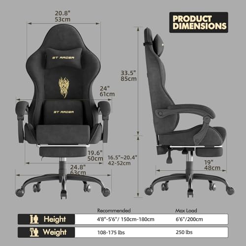 Ferghana Velvet Fabric Gaming Chair, High Back Ergonomic Gamer Chair for Adult, Comfortable Video Game Chair with Footrest and Massage Lumbar Cushion, Racing Reclining Office Computer Desk Chair Black