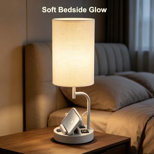 Dreamholder 2 Pack Table Lamp, Bedside Lamp with 3 USB Charging Ports & AC Outlet, USB Desk Lamp with 2 Phone Holders, Linen Fabric Shade Nightstand Lamps for Bedroom Living Room Office, Gray