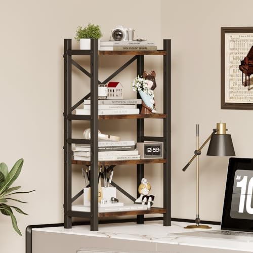 2-Pack Desktop Bookshelf, 4-Tier Stackable Narrow Bookcase, Adjustable Industrial Desk Organizer & Hutch - Rustic Brown Wood Desktop Book Organizer for Living Room, Bedroom & Home Office
